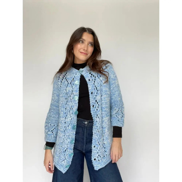 Blue and White Hand Knit Cardigan - Size Large - Picture 3 of 10